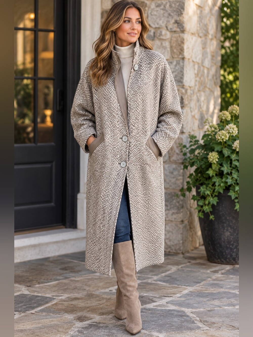 Womens Long Herringbone Coat Leather Trim XL Winter Vintage Inspired Academia